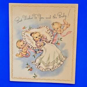 1945 Marjorie Cooper Whimsical Newborn Cherubs Heavenly Babies Rust Craft Card